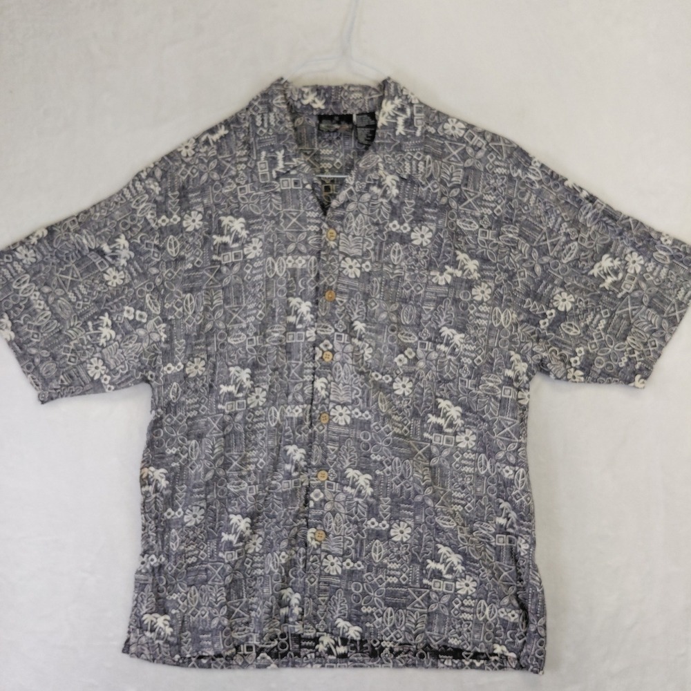 Vintage OP Sport Mens Grey Tribal Tiki Palm Tree Print Cotton Aloha Shirt Medium